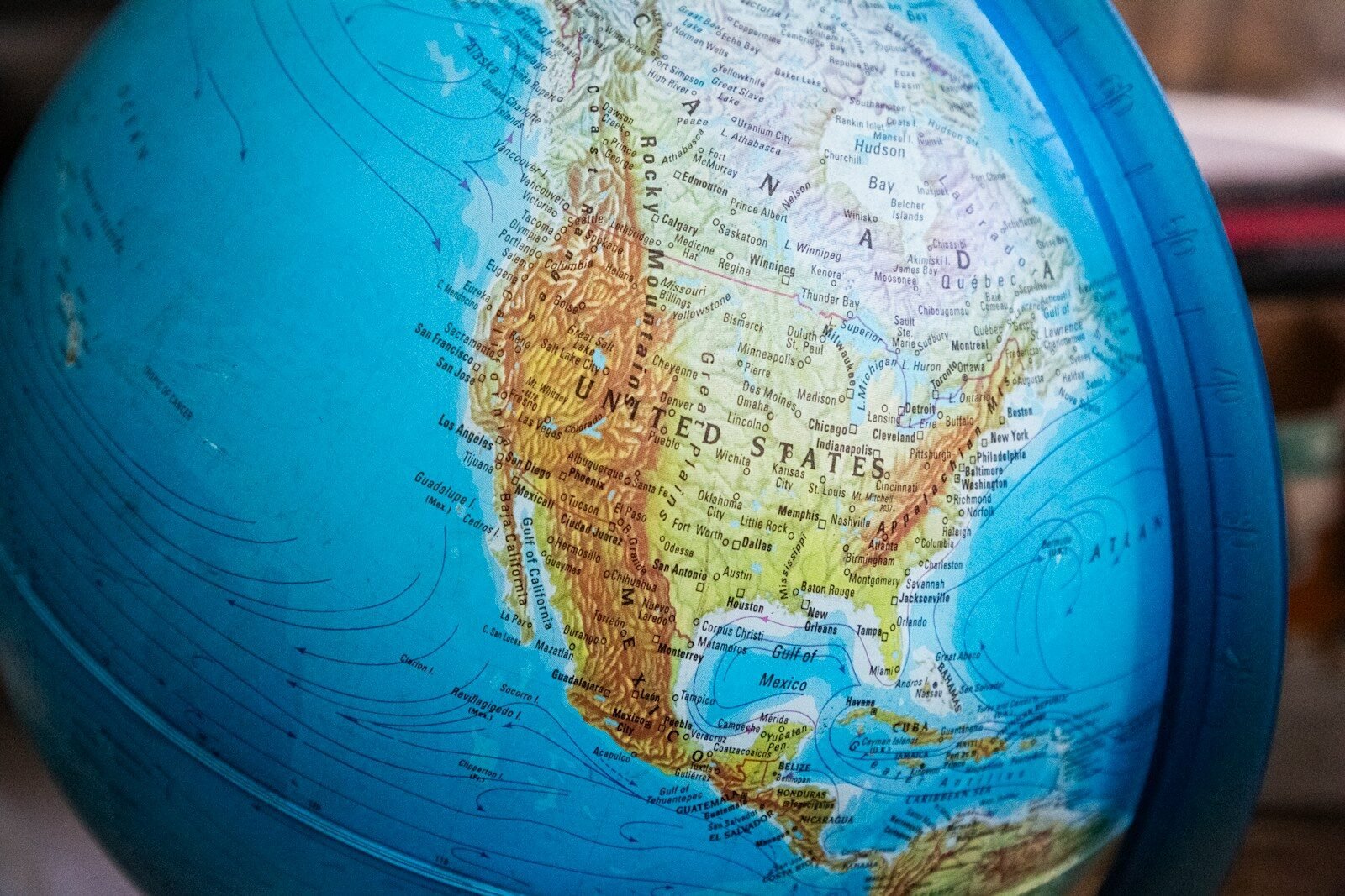 Close-up of a globe showing north america.