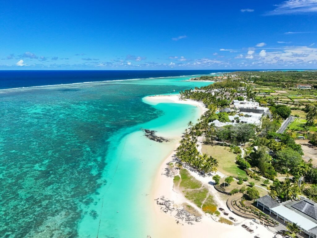 An aerial view of a beach and ocean