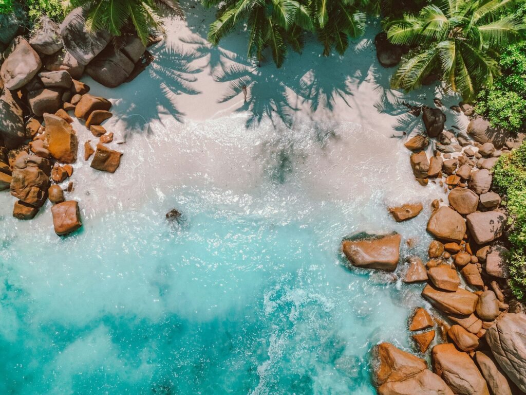 Aerial view of a beautiful, tropical beach.