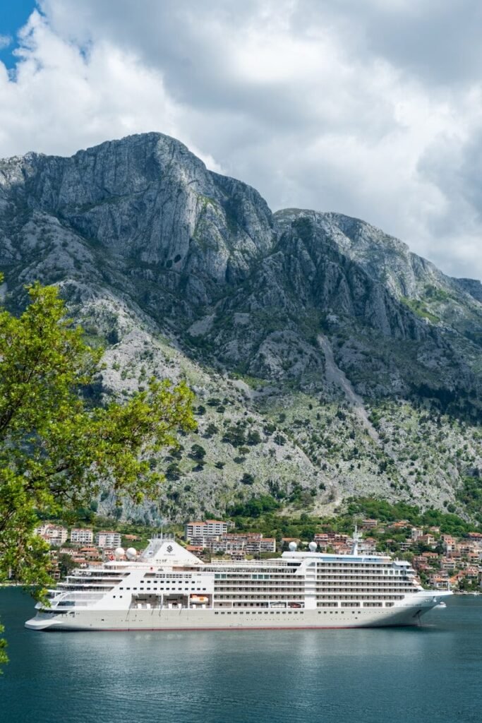 a cruise ship in the water with mountains in the background