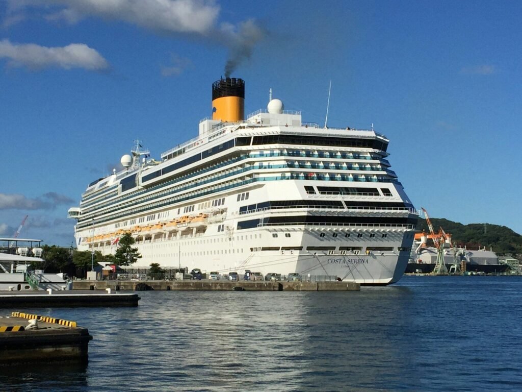A large white cruise ship docked at a harbor under a clear blue sky
